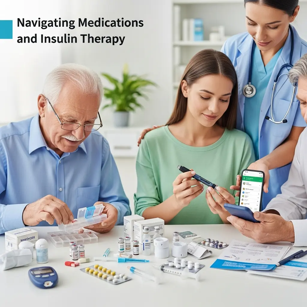Medication and insulin therapy for diabetes management.