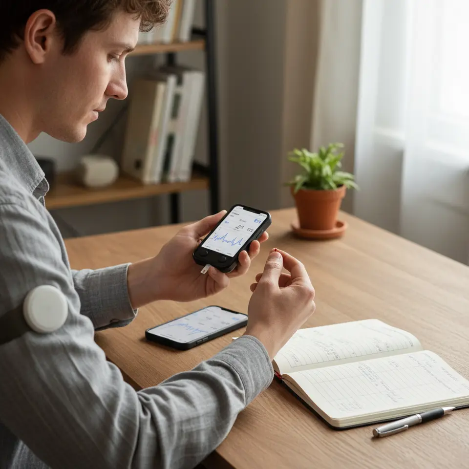 Monitoring Your Blood Sugar at Home: A person performing a finger-prick test with a glucometer alongside a wearable CGM sensor on the upper arm, a smartphone screen displaying real-time glucose trends, and an open logbook showing date, time, meals, activity, and stress columns.