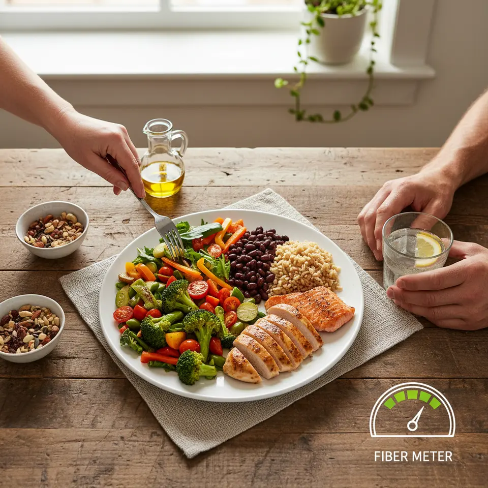 Crafting a Balanced Nutrition Plate: Top-down view of a dinner plate divided into halves and quarters—half filled with colorful non-starchy vegetables, one quarter with whole grains and legumes, one quarter with lean proteins—surrounded by icons of nuts, seeds, olive oil, a water glass, and a fiber meter.