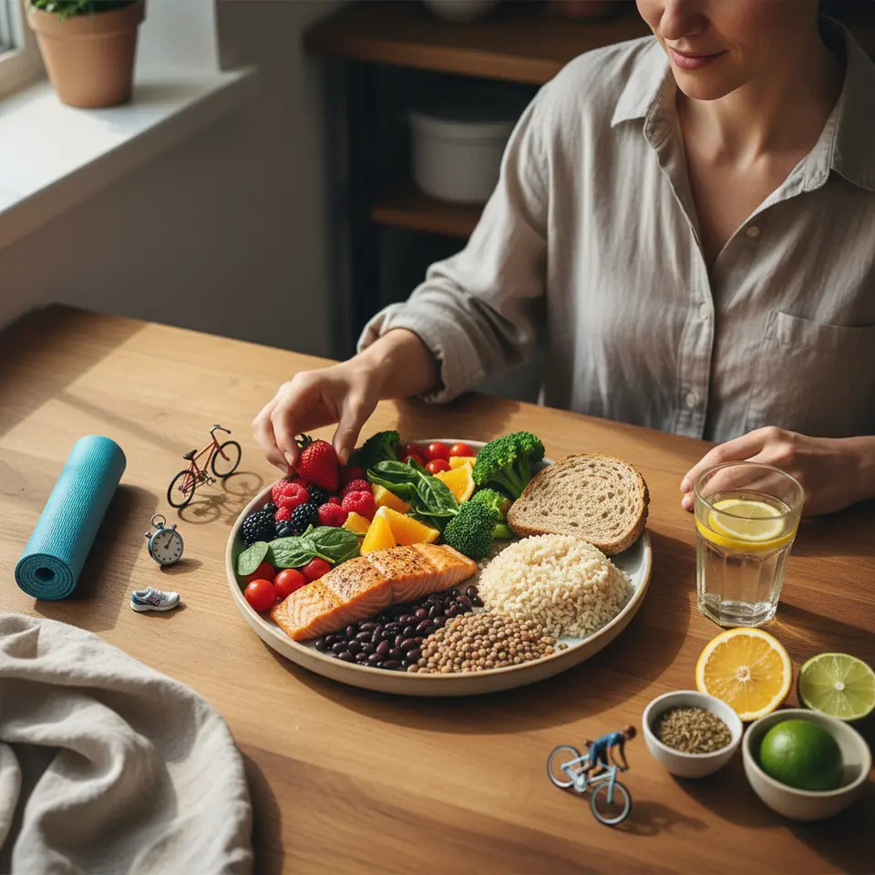 An overhead view of a balanced DASH diet plate: half filled with colorful fruits and vegetables, one-quarter with lean protein like grilled fish or legumes, and one-quarter with whole grains. Surrounding the plate are small icons representing 30-minute brisk walks, cycling, a yoga mat for stress-reduction exercises, a glass of water, and salt substitutes like herbs and citrus slices.